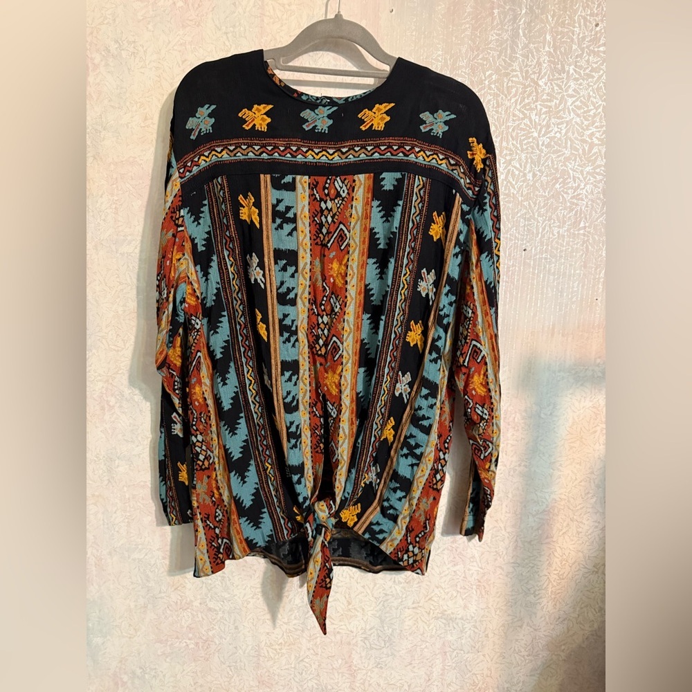 VTG Carole Little Black and Orange Tie Front, Long Length Boho Western Blouse 4